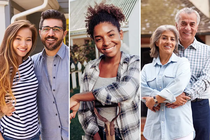 collage of diverse people smiling and standing in front of their homes