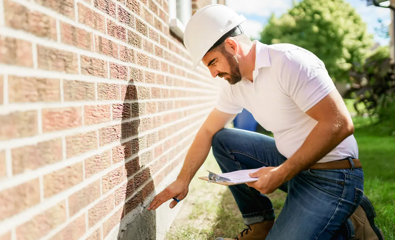 A man with a white hard hat holding a clipboard, inspecting a home's foundation