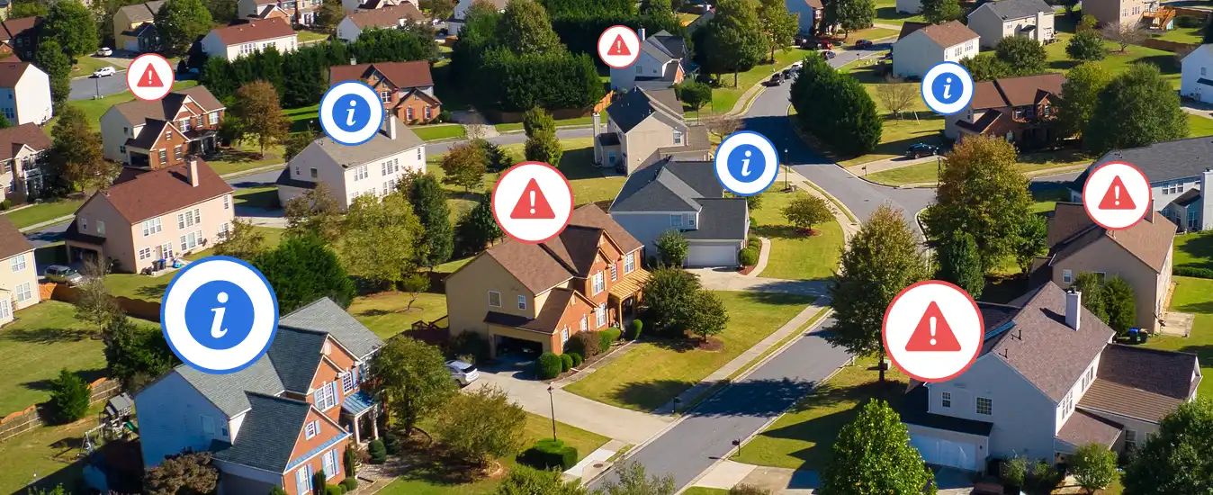 hf-webinar-houses-w-alert-bubbles-2 photo of a suburban neighborhood, with alert icons hovering over several of the houses