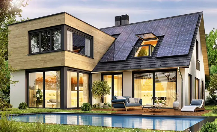 photo of a modern home with an in-ground pool and solar panels on the roof